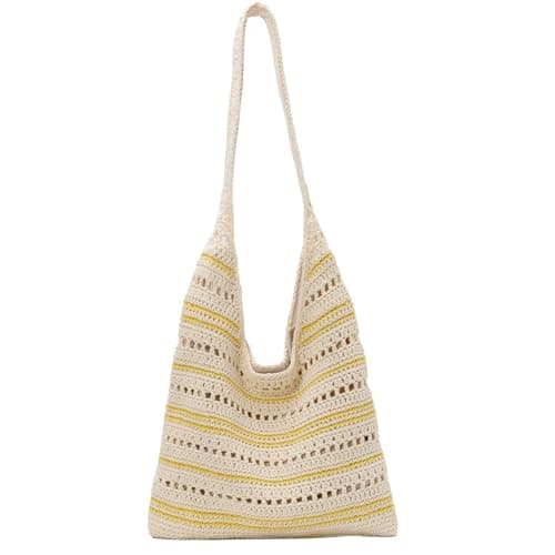 unisoul Striped Knitted Beach Bag for Women,Crochet Tote Bag with Zipper and Lining, Boho Summer Shoulder Bag for Holiday Travel, Lightweight Aesthetic Mesh Handbag, Foldable Shopping Bag, Yellow