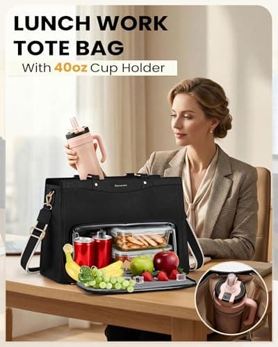 RAINSMORE Teacher Bag 15.6 Inch Laptop Bag with Lunch Compartment PU Leather Laptop Tote Bags for Women Professional Work Bag for College Office Black — view 3