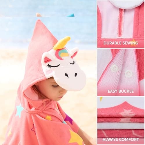 Joiedomi 24"x24" Kids Beach Towels with Hood for Girls Pink Unicorn Hooded Toddler Bath Towel Quick Dry Soft Microfiber — view 4