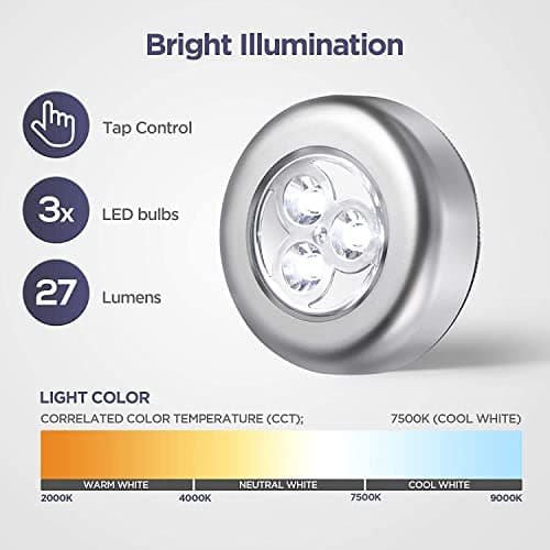 LED Battery-Powered Wireless Night Light Tap Touch Lamp, Self Adhesive Push Button for Closets, Cabinets, Counters, or Utility Rooms, Cordless Puck Shape, Batteries Not Included (2 Pack Push Lights) — view 4