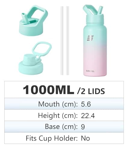 SUNWILL Metal Water Bottle 1l Stainless Steel, Insulated Leakproof Thermal Flask with Straw and 2 Lids for Cold and Hot Drink, Running, Sports, Gym, Travel, Gradiant Mint Sakura — view 4