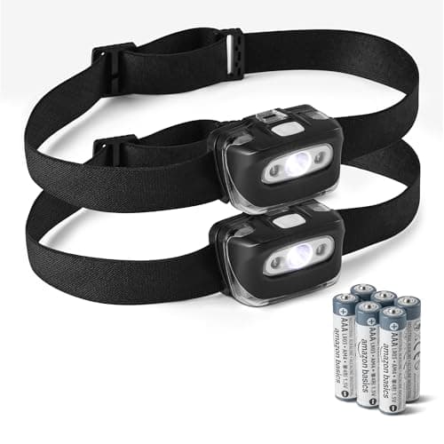 Amazon Basics LED Headlamp with 7 Light Modes - Adjustable Camping Headlight with Red Safety Light - Water Resistant Outdoor Head Torch - Batteries Included - Black - 2 Pack