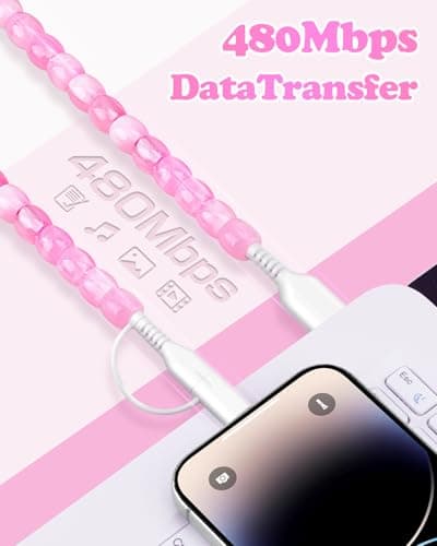 Coolden Multi Charger Cable 2 in 1 USB to USB C Cable for iPhone Charger Cables Fast Charge 60W 3.3FT Girls Cute Beaded Phone Charger Cables for iPhone 17 16 15 14 13, Galaxy S25 S24, iPad-Pink — view 4