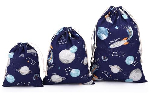 Amoyie Cotton Drawstring Bag 3pcs, Kids Storage Bag, Fabric Organiser Pouch