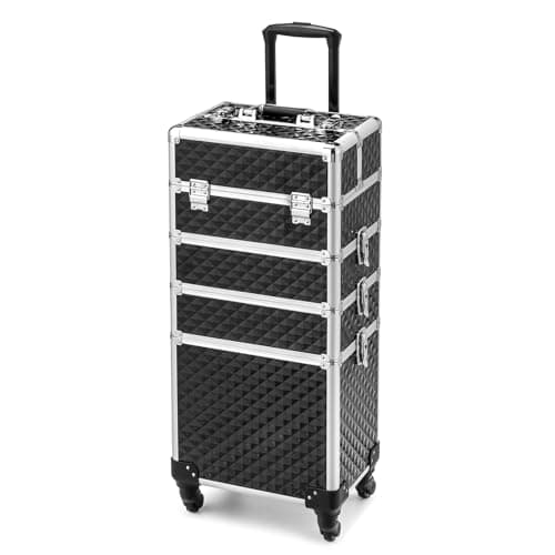 Bonnlo 4 in 1 Rolling Makeup Train Case, Aluminum Makeup Travel Organizer Cosmetic Case, Cosmetology Display Suitcase on Wheels, Beauty Storage Luggage Lockable w/4 Removable Wheels - Black & Silver