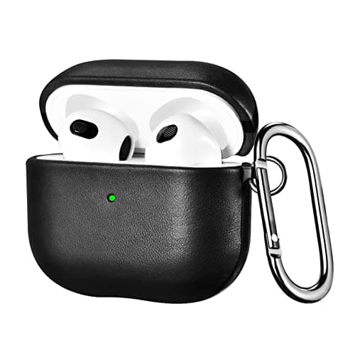 Case for AirPods 3 2021, ICARER Premium Genuine Leather Portable Shockproof Protective Case Cover for Apple AirPods 3rd 2021 Earphones Charging Case (LED Visible) Support Wireless Charger (Black)