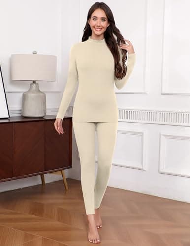 Ekouaer Womens Thermal Underwear Set Base Layer Underlayer, Beige, M — view 3