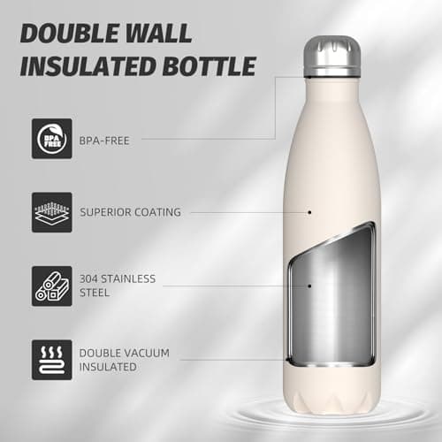 WATERSY Stainless Steel Insulated Water Bottle, Double Walled Metal Vacuum Flask Keep 24 Hrs Cold & 12 Hrs Hot Thermal Metal Sports Bottles 500ml BPA Free for Outdoor, Work, Gym, School (Ivory Beige) — view 6