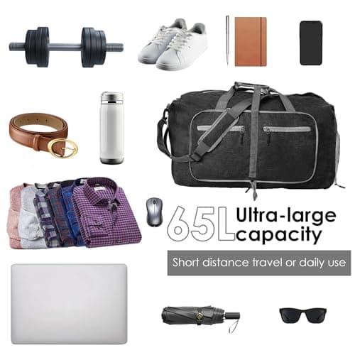 PATNFR Travel Duffle Bag 65L Holdall Bags Foldable Lightweight Holdall Bag for Men 63x29x35 CM Multi Pocket Duffle Bags Nylon Sports Equipment Organizer for Traveling The Gym(Black) — view 3