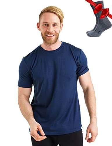 100% Merino Wool T Shirt Mens - Merino Wool Base Layer Men + Hiking Socks (Large, Navy)