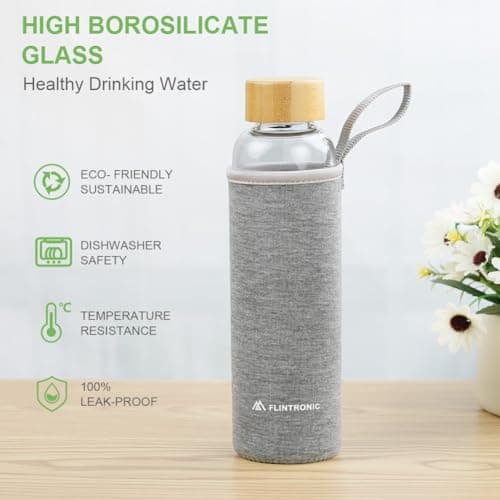 flintronic Glass Water Bottle, 550ml Borosilicate Water Bottle for Hot Cold Drinks, Leak Proof Glass Bottle with Protective Sleeves, Bamboo Lid Drink Bottle for Home Travel Sport (BPA-Free) — view 3