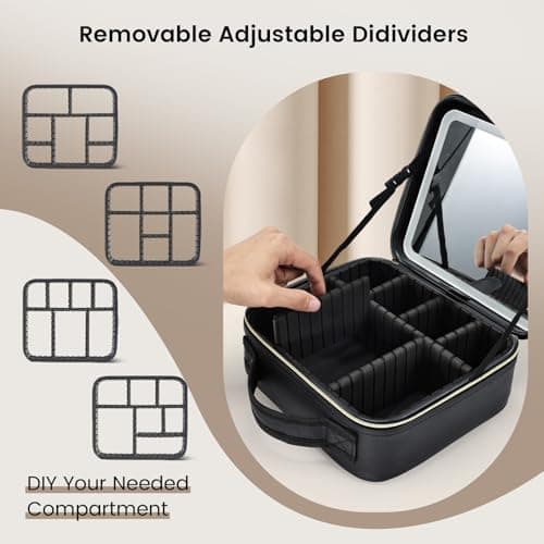 Travel Makeup Bag with Mirror Makeup Case Make Up Organiser Box with Adjustable Compartment Vanity Case Portable Cosmetic Bag Brightness in 3 Color Modes LED Light Mirror, Black — view 6