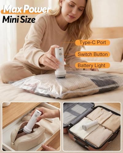 Vacuum Storage Bags for Travel with Wireless Electric Pump, 12 Pack 3-Size Travel Vacuum Bags with Pump Rechargeable, Fast Compression Portable Vacuum Packing Cubes, 80%Luggage Space Saver for Clothes — view 5