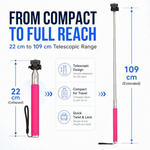 Selfie Stick - Traveller Monopod for Compact Digital Cameras, Action Cam - Works with Sony, Canon, Nikon, Panasonic and More with 1/4" Screw - Wrist Strap Included - Range: 22 to 109 cm - Pink — view 4