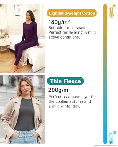 wirarpa Women's Thermal Underwear Set Cotton Base Layer Top & Bottoms L — view 4