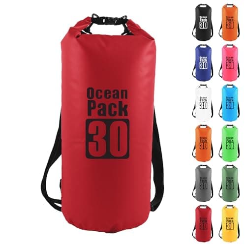 MOMAHUA 30L Waterproof Dry Bag Backpack with Double Shoulder Straps - Red Durable PVC Roll Top Dry Sack - Heavy Duty Reusable Rucksack for Kayaking, Boating, Beach & Travel