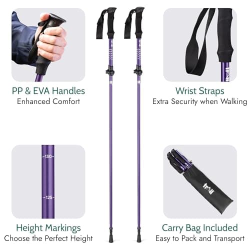 Trail Z-Folding Walking Poles, 2 Pack, Adjustable 120–135cm, Purple — view 3