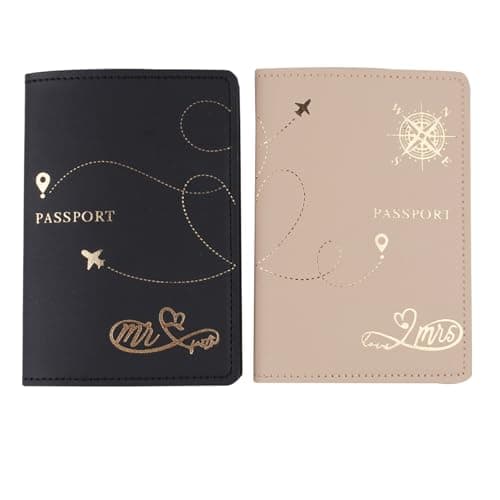 mr and mrs passport covers and luggage tags gift set, couple passport holder for honeymoon, Black +Khaki-compass, One Size, Black +Khaki-compass