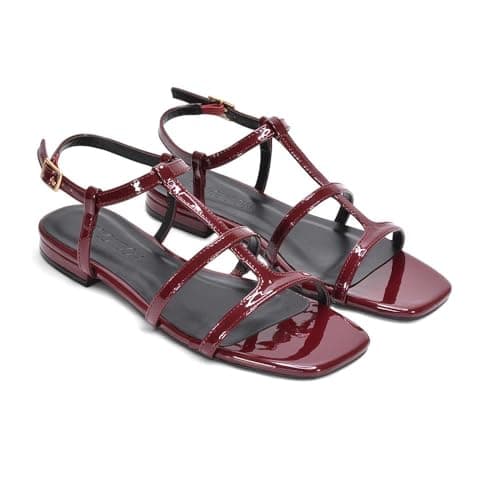 ESSEX GLAM Women's Flat Sandals Ladies Strappy Ankle Strap Buckle Caged Burgundy Patent Synthetic Leather Square Toe Shoes Size 7 — view 5