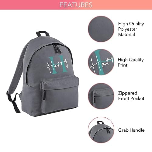 Print Maniacs Personalised Any Name Large 18L Kids Travel Backpack Junior Shoulder Collage Rucksack School Lunch Swimming P.E Laptop Book Bag (Grey, Teal/White) — view 3