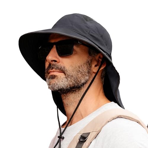 TOP-EX M/L/XL/XXL Unisex Mens Sun Hat with Neck Flap Sunglass Lock UV Protection Summer Hats Wide Brim Outdoor Fishing Hats Waterproof & Packable Dark Grey M/L