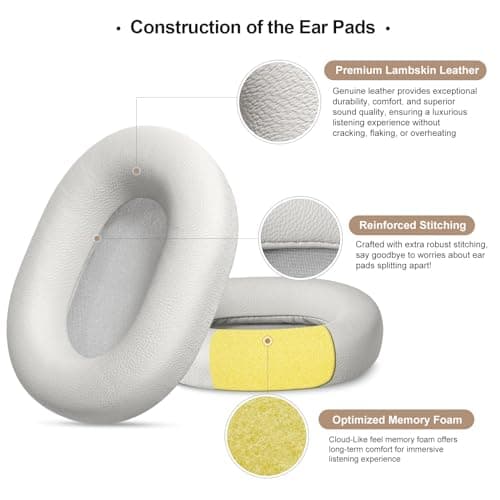 Aurivor Genuine Leather Ear Pads Cushions for Sony XM5 Noise Canceling Headphones, Premium WH-1000XM5 Replacement Earpads Covers with Soft Lambskin Leather, Optimized Memory Foam (Lambskin-Silver) — view 4