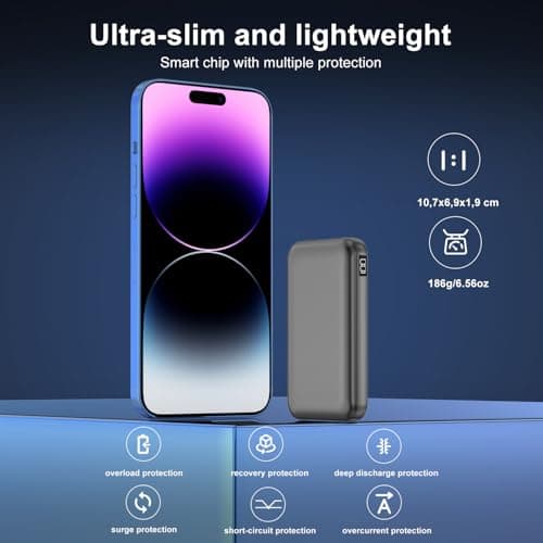 10000mAh Power Bank, YISHDA Ultra Slim Portable Charger 22.5W PD Fast Charging with 2 Built-in Cables, for iPhone 16/15/14/13/12 Series, Samsung, Android Smartphones (Black) — view 5
