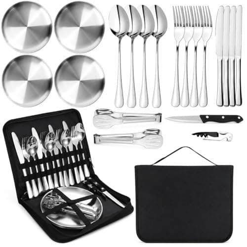AURALIN Camping Cutlery Set for 4 20 Piece Stainless Steel Picnic Kit