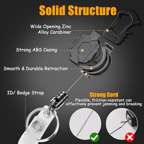 HZHSSG 2 Pack Retractable Keychain, Heavy Duty Carabiner Holder with Magnetic Closure & Multitool Carabiner Tactical ID Badge Reel for Men with 80cm Steel Retractable Cord — view 4