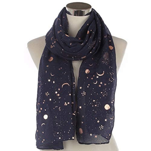 Scarves For Women Uk Lightweight - Women Fashion Star Moon Foil Printed Scarf Wrap Silk Shawl Travel Accessory Neckwear
