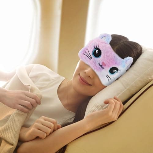 2 Pack Sleeping Eye Mask Soft Plush Eye Mask Cute Animal Sleeping Eye Shade Night Eyeshade Cover for Girls Boys Travel Nap Party Supplies (Colorful, Cat Style) — view 6