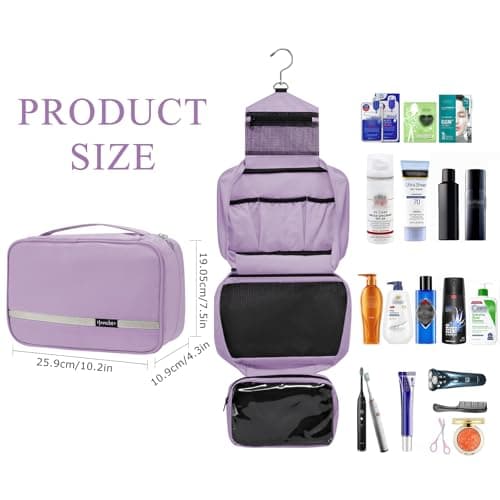 homchen Hanging Toiletry Bag Travel Kit for Men Women, Upgrade Large Capacity Wash Bag Makeup Bag with 4 Compartments, Foldable Compact Size (Light Purple) — view 2