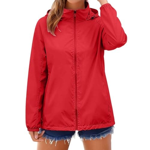 Lightweight Waterproof Jacket Womens Hooded Windbreaker Rain Coat,Outdoor Long Sleeve Softshell Jackets Ladies Sun Protection Full Zip Raincoat for Beach Hiking & Travel Red, M — view 2