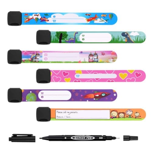 Vicloon 6 Pcs Child Safety ID Wristband, Kids ID Bracelet with Non Fading Pen for Children Emergency Bracelet, Anti Lost Child ID Bands Waterproof Reusable for Children Boys Girls Toddler Baby