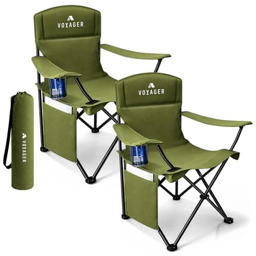Voyager Folding Camping Chairs 2 Pack with Cooler Bag, Lightweight Q195 Steel Frame, 600D Oxford Fabric, Portable & Comfortable -Green