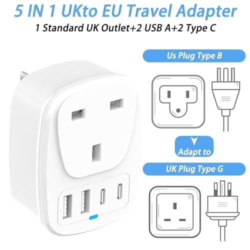 Hao Zhu UK to US Plug Adapter, USA Travel Adapter with 4 Ports & 20W PD Fast Charge, 5-in-1 UK to USA Plug Adaptor for Travel, Child Safety Shutters, White — view 4