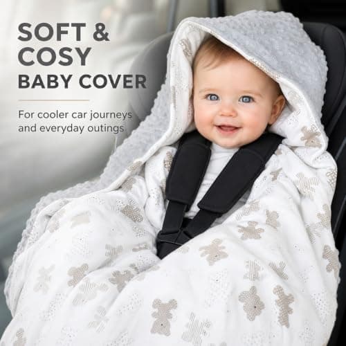 Bebamour Baby Car Seat Blanket Footmuff, Universal Pram Stroller Blanket for Newborns, 3 or 5 Point Harness System, Hooded Travel Wrap, Bear — view 2