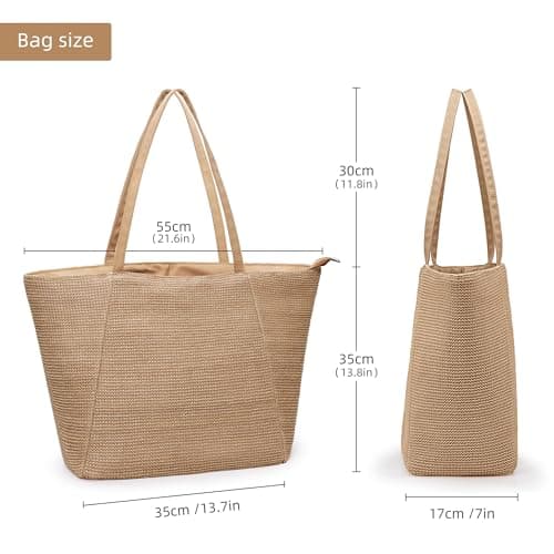 KALIDI Straw Beach Bag for Women Straw Tote Bag with Zip Large Handbag Summer Holiday Bag — view 6