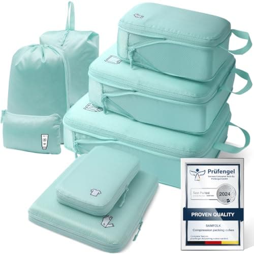 Samfolk Compression Packing Cubes for Suitcases Packing Cubes Compression Set Waterproof Suitcase Organiser Bags for Travel Suitcase Luggage Packing Organizer Bags Travel Essentials LakeBlue 8 Set