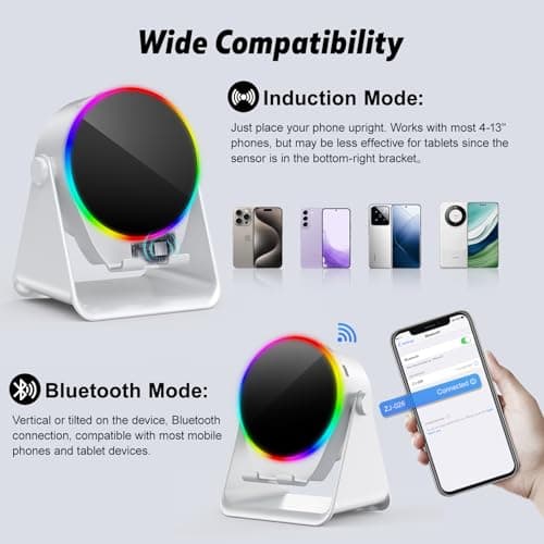 Wireless Induction Audio Bluetooth Speaker, 4-in-1 Design with RGB, Anti-Slip Base for 4-13" Phones, Bluetooth 5.3, Instant Play, Perfect Tech Gift (White) — view 4