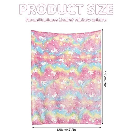 Hileyu Glow in the Dark Blanket, 120x150cm Soft Flannel Fleece Blanket for Kids, Rainbow Unicorn Pink — view 2