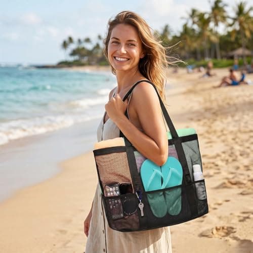 flintronic Women's Mesh Beach Bag, Large Tote Bag, Lightweight Pool Bag with 8 Pockets, Foldable Travel Bag for Swimming, Picnic, Gym, Shopping and Daily Use(59×39×21cm) — view 2