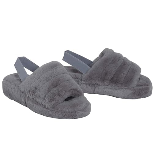shelikes Womens Sliders Ladies Fluffy Faux Fur Peep Toe Warm Winter Slipper