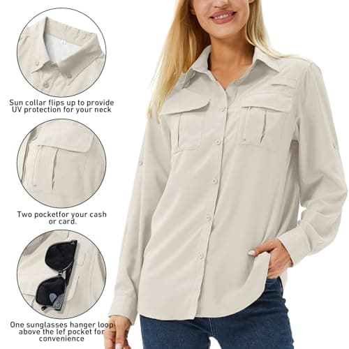 Winebox Women's UPF 50 Shirts Long Sleeve Sun Protection UV Quick Dry Casual Outdoor Safari Walking Fishing Hiking Travel Shirts(Light Khaki-l) — view 2
