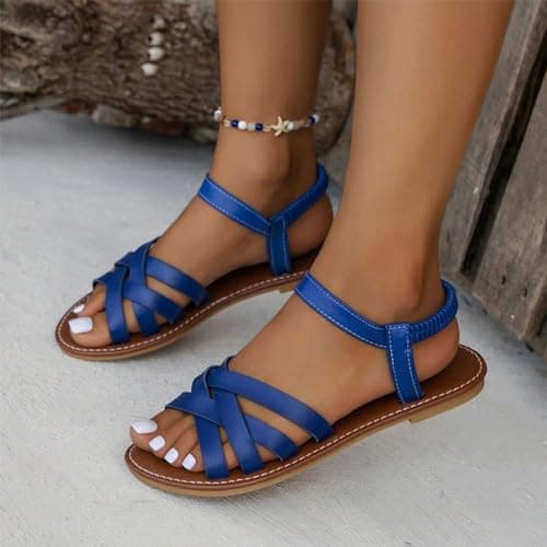 Women's Sandals UK Slingback Flat Feet Leather Roman Sandals Women Casual Travel Breathable Flip Flop Womens Wide Fit Slippers Ladies Summer Beach Shoes for Indoor and Outdoor Size 3.5-7.5 Blue — view 6