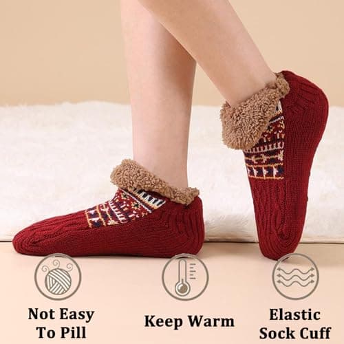 JiaYouLC Fluffy Slipper Socks for Women Men Winter Fleece Lined Thermal Non Slip Indoor Home Knitted Warm Bed Socks (UK, Alpha, XL, Regular, Regular, Red) — view 4