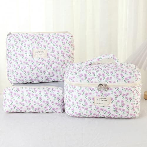 Aucuu 3PCS Coquette Makeup Bag, Quilted Makeup Bag for Women, Floral Cotton Cosmetic Bag Set, Large Capacity Aesthetic Floral Toiletry Bag, Travel Toiletry Bag, Wash Organizer Pouch for Women Girls — view 4
