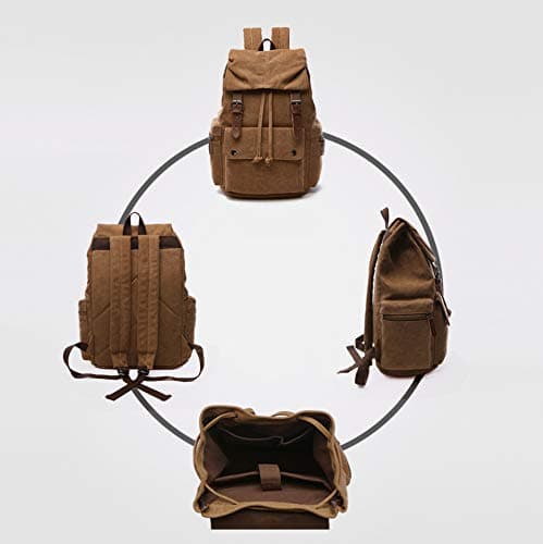 Rufun Canvas Backpack Vintage Rucksack Schoolbag for Laptop Daypack Hiking Travel Large Capacity Bag Unisex (Khaki) — view 6