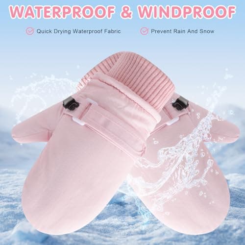 Fjquamitix Kids Warm Gloves Winter Waterproof Snow Mittens Warm Fleece Lined Gloves for Girls Boys Adjustable Wristband Thermal Mittens for Skiing Outdoor Causal Use (Pink, M(2-4Y)) — view 4