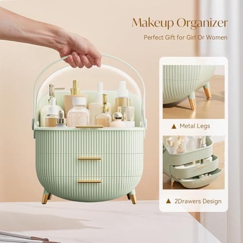 SIOOUI Makeup Organizer for Vanity, Portable Waterproof Dustproof Bathroom Organizer and Storage with Lid, Cosmetic Display Case Skincare Organizers (Mint Green) — view 4
